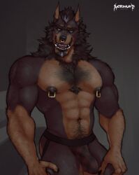 abs acidwuff anthro arm_hair barazoku black_hair black_nipples body_hair brown_body brown_fur bulge canid canine cheek_tuft chest_hair clothed clothing detailed_bulge erection erection_under_clothing facial_piercing facial_tuft fangs front_view fur hair happy_trail hi_res male mammal multiple_piercings muscular muscular_anthro muscular_male navel neck_tuft nipple_piercing nipples nose_piercing open_mouth orange_body orange_fur pecs piercing portrait red_clothing red_underwear septum_piercing short_hair simple_background solo standing teeth three-quarter_portrait topless tuft underwear