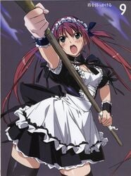 airi highres maid queen's_blade red_hair scan scythe takamura_kazuhiro thighhighs zettai_ryouiki