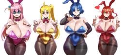 4girls ;) ai_generated aqua_eyes blue_hair bocchi_the_rock! boob_squish breasts, bunny_ears bunny_girl bunnysuit cleavage detached_collar detached_sleeves embarrassed gotou_hitori hand_on_own_hip huge_breasts ijichi_nijika kita_ikuyo leotard pantyhose peace_sign pink_hair pyonbunnyai red_eyes red_hair standing strapless thick_thighs v white_background wide_hips yamada_ryou yellow_eyes yellow_hair