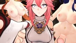 1girls 2futas 3d 3d_(artwork) about_to_be_raped big_breasts big_penis bigger_futa breasts breasts_out erect_penis erection genshin_impact imminent_rape mavuika_(genshin_impact) nude nude_futanari penis penis_out raiden_shogun runeiteer scared selfie small_pupils smaller_female thick_ass thick_breasts thick_thighs yae_miko