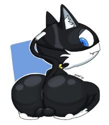 2025 anthro anus ass backsack balls barely_visible_anus big_butt black_body black_fur blue_body blue_eyes blue_fur dipstick_tail domestic_cat english_description felid feline felis fur genitals inner_ear_fluff leg_markings looking_back male mammal markings morgana_(persona) objectdicks one_fang persona_(series) persona_5 raised_tail rear_view scarf sitting socks_(marking) solo tail tail_markings thick_thighs tuft white_markings yeah_(artist) yellow_scarf