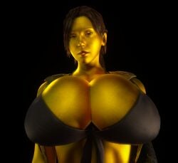 1girls 3d 3d_(artwork) alternate_breast_size alternate_skin_color big_breasts bikini_top black_bikini_top black_gloves breasts breasts_bigger_than_head breasts_focus cleavage clothed clothed_female female female_only female_solo gigantic_breasts gloves golden_skin hi_res high_resolution highres hourglass_figure huge_breasts human human_female human_only large_breasts looking_at_viewer metal_gear_solid metal_gear_solid_v metallic_body metallic_skin quiet_(metal_gear) red_lipstick solo solo_female upper_body vaako