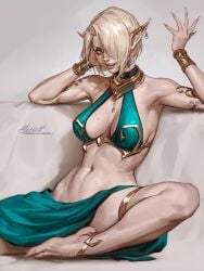 bikini_top blonde_hair elf_ears feet gesturing_at_viewer lerapi looking_at_viewer original_character short_hair thin