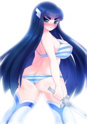 1girls :< adult_swim ass ass_cleavage back black_hair blue_eyes blue_striped_bra blue_striped_panties blush bra breasts butt_crack curvy dat_ass eyebrows female from_behind hair_ornament hairclip huge_ass kill_la_kill kiryuuin_satsuki large_breasts long_hair looking_back panties pastelletta shimapan skindentation solo striped striped_bra striped_panties sword thick_eyebrows thick_thighs thighhighs thighs toonami underwear underwear_only weapon white_background