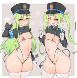 2girls blue_archive blush blushing blushing_female breasts double_peace_sign female female_focus female_only flat_chest flat_chested functionally_nude functionally_nude_female gold_bikini gold_bikini_bottom gold_bikini_top green_hair hat highlander_railroad_academy_logo_(blue_archive highlander_railroad_academy_student hikari_(blue_archive) kuromaruart light-skinned_female light_skin long_hair looking_at_viewer nozomi_(blue_archive) peace_sign salute small_breasts sweat tail thick_thighs thighhighs thighs twintails white_thighhighs yellow_eyes