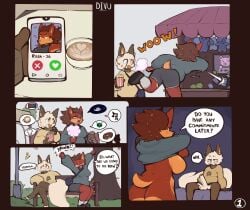 anthro balls biped breasts brown_body brown_fur brown_tail clothed clothing comic dialogue divu_(divucup) divucup domestic_cat duo electronics english_text erection eulipotyphlan felid feline felis female fingers fur genitals hedgehog hi_res holding_object holding_phone male mammal open_mouth open_smile penis phone question_mark smile speech_bubble tail text white_body white_fur white_tail