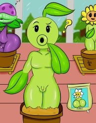 3boys ass big_butt electronic_arts elemental_creature elemental_humanoid flora_fauna genitals green_body group hi_res humanoid jonsc leaf leaf_arms male male_only not_furry peashooter_(pvz) penis plant plant_humanoid plants_vs._zombies popcap_games small_penis
