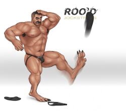 armpit_hair awarebear balls body_hair bulge clothing clothing_aside demi_transformation detailed_bulge facial_hair flip_flops foot_transformation footwear genitals hand_on_head hi_res humanoid jockstrap jockstrap_aside kangaroo looking_at_foot macropod male mammal marsupial mid_transformation motion_blur moustache muscular muscular_male navel nipples product_placement raised_foot sandals shaved_head shoes simple_background solo tattoo transformation underwear underwear_aside