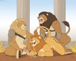 anal anal_sex anthro anthro_on_anthro anthro_penetrated anthro_penetrating anthro_penetrating_anthro armor balls barazoku blonde_mane bodily_fluids brown_mane cum cum_in_mouth cum_inside cum_on_penis disney erection felid fur genital_fluids genitals group group_sex hi_res jishinu lion male male/male male_penetrated male_penetrating male_penetrating_male mammal mane nude nude_anthro nude_male orange_mane pantherine pauldron penetration penile penile_penetration penis penis_in_ass pillar sex smile tan_body tan_fur teeth the_lion_king threesome tongue trio