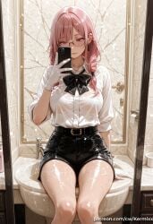 ai_generated bangs bathroom belt black_shorts bow bowtie breasts cellphone earrings female female_only glasses gloves holding holding_phone kermixx large_breasts long_hair mirror phone pink_eyes pink_hair reflection see-through selfie shirt shorts sitting smartphone solo thighs tsukishiro_yanagi wet wet_clothes white_gloves white_shirt zenless_zone_zero