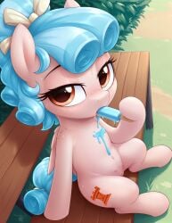 ai_generated antedown bench bow bush cozy_glow_(mlp) crotchboobs cub equine equine_genitalia equine_pussy female feral filly food grass high-angle_view holding_popsicle looking_at_viewer looking_up_at_viewer melting_popsicle messy my_little_pony my_little_pony_friendship_is_magic nipples outdoors pegasus pony pony_diffusion_xl popsicle popsicle_in_mouth side_view sitting sitting_on_bench solo sucking sweat tail vulva
