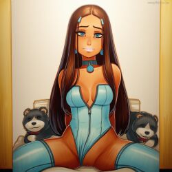 2025 ai_generated artist_name blue_eyes breasts brown_hair crazyfishbones dark_skin female katara leotard long_hair stuffed_animal stuffed_toy thighhighs