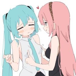 2girls blush clothed clothed_female female female_only femalesub femdom femsub girls_only giryu hatsune_miku headband megurine_luka necktie necktie_between_breasts nipple_play nipple_tweak no_visible_genitalia only_female rubbing_nipples small_breasts sweat sweatdrop twintails vocaloid yuri