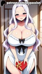 1girls 2025 ai_assisted ai_generated anime artist_name bare_shoulders blue_eyes blush box breasts bust chest cleavage clothed_female collarbone dress english_text fairy_tail female female_focus female_only gift gift_box happy_valentine heart heart-shaped_box heart-shaped_chocolate hi_res high_quality high_resolution highres holding_box holding_gift incoming_gift indoors large_breasts long_hair looking_at_viewer mirajane_strauss open_mouth patreon patreon_username side_slit skypassion sliding_doors smile solo stable_diffusion sweat thighs valentine watermark white_dress white_hair