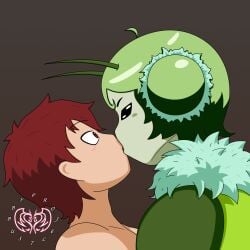 1boy 1girls antennae assertive assertive_female bug bug_girl dominant dominant_female female femdom grey_body insect_girl insects kiss_on_lips kissing male mantis mantis_girl monster_girl open_eyes original_character projectsubby red_hair