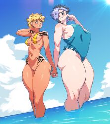 2girls areola_slip big_breasts bikini bikini_top_only black_hair blonde_hair blush bottomless breasts dark-skinned_female dark_skin earrings eyebrow_piercing female female_only green_eyes grin hair_over_one_eye hand_holding hi_res jagua_tales kiara_diaz large_thighs legs_in_water light-skinned_female light_skin looking_at_each_other mesiasart nipple_bulge purple_hair pussy sea short_hair slightly_chubby smiling smiling_at_each_other swimsuit tania_serrata tattoo tattoos thick_ass thick_thighs two_tone_hair wide_hips