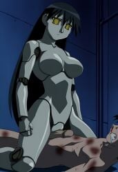 abuse ai_generated aizumanga azumanga_daiou beaten clenched_hand clenched_teeth colored_eyes colored_sclera colored_skin cowgirl_position emotionless emotionless_sex expressionless femdom grinding metallic_body rapist_female reverse_rape reverse_ryona robot robot_girl sakaki yellow_eyes yellow_sclera