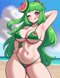 ai_generated arm_behind_head armpit beach big_breasts bikini blush breasts green_hair hands_behind_head joyboy56 large_breasts long_hair navel pink_eyes swimsuit tongue_out vannamelon vannamelon_(copyright) wink