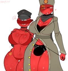 annoyed bite_mark bite_mark_on_breast bite_mark_on_shoulder bite_mark_on_thigh bite_marks black_lace black_lace_bra black_lace_panties black_underwear blush blush_lines blushing blushing_female bulge bulge_through_clothing coat countryhumans futa_dominant futanari heterochromia kak0yt0_chel leash leash_and_collar leash_pull leashed_collar long_coat nazi_germany_(countryhumans) red_body red_underwear revealing_clothes scarf shivering soviet_union_(countryhumans) submissive_female trenchcoat ushanka visor_cap