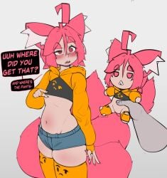 1girls ahoge belly belly_button blush cat_ears cat_tail catgirl disembodied_hand fir3born flat_chest flat_chested fully_clothed imminent_headpats original original_character pink_eyes pink_hair plushie sharp_teeth shorts skimpy_clothes tagme thighhighs thonk_(fir3born) white_tuft