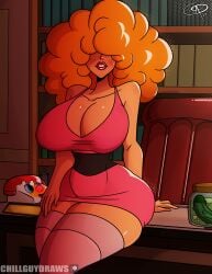 1girls afro alternate_costume alternate_version_available big_breasts big_hair blossom_(powerpuff_girls)_(cosplay) breasts cartoon_network cleavage cosplay dress female female_only frostbiteboi hair hair_over_eyes hips huge_breasts legwear lipstick looking_at_viewer mature mature_female mature_woman orange_hair phone pink_dress pink_thighhighs powerpuff_girls red_lipstick sara_bellum seductive_look short_dress solo solo_female teeth thick_lips thick_thighs thighhighs thighs wide_hips