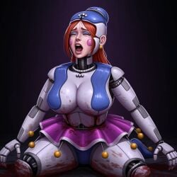 ai_art ai_generated animatronic ballora ballora_(fnafsl) blood_splatter blood_stain death female female_focus female_only five_nights_at_freddy's five_nights_at_freddy's:_sister_location guro knees_apart_feet_together large_breasts on_knees robot springlock_failure springlock_suit