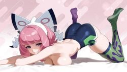 big_breasts breasts game_freak klara_(pokemon) otokakoto pink_hair pokemon pokemon_ss pokemon_ss_isle_of_armor seductive shorts stockings topless