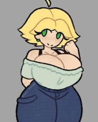 2d 2d_(artwork) 2d_artwork artist_name big_breasts blonde_female blonde_hair blonde_hair_female bottomwear breasts breasts_bigger_than_head cleavage curvaceous curvy curvy_body curvy_female curvy_figure deep_cleavage earrings freckles freckles_on_body freckles_on_breasts freckles_on_chest freckles_on_face freckles_on_shoulders green_earrings green_eyes hira.shotgun huge_breasts jeans large_breasts original_character short_hair top_heavy topwear twitter_username unique_style voluptuous voluptuous_female