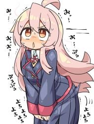 1girls ahoge bad_id bad_twitter_id blazer blue_jacket blue_skirt blush brown_eyes chestnut_mouth collared_shirt cowboy_shot drooling female hair_between_eyes have_to_pee jacket kanikama leaning_forward long_hair long_sleeves neck_ribbon nose_blush onii-chan_wa_oshimai! open_mouth oyama_mahiro pink_hair pleated_skirt ribbon rolling_eyes school_uniform shirt simple_background skirt solo standing sweat trembling v-shaped_eyebrows white_background white_shirt