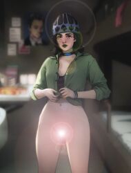 1girls belly_button bottomless caught caught_off_guard censored changing_clothes changing_room choker detailed_background dressing female_focus female_only gwess hat jail jail_cell jojo's_bizarre_adventure lens_flare light_censor lipstick makeup meemo.psd prison prisoner pubic_hair pussy solo stone_ocean unbuttoned undressing voyeur