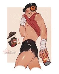 abs exposed_torso gay nipple_slip plna post_workout pulling_up_shirt scout_(team_fortress_2) short_shorts shorts sniper_(team_fortress_2) sweat sweating team_fortress_2 tf2 thighs voyeur wiping_sweat yaoi
