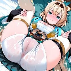 ai_generated anus_visible_through_clothes arbitrary blonde_hair cameltoe hololive hololive_japan holox kazama_iroha legs_up lying_on_back spread_legs vtuber wet_shorts
