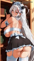 1girls aegir_(azur_lane) ai_generated apron arm_garter ass azur_lane back bandeau bare_shoulders black_garter_straps black_skirt blush book bookshelf bow breasts chest_sarashi choker closed_mouth cross cross_earrings demon_horns earrings frilled_choker frilled_hairband frilled_skirt frills from_behind garter_straps hair_between_eyes hair_on_horn horns huge_ass indoors jewelry large_breasts long_hair looking_at_viewer looking_back maid maid_headdress median_furrow miniskirt multicolored_hair mykibuu official_alternate_costume red_hair sarashi skindentation skirt smile solo streaked_hair thick_thighs thighhighs thighs underboob underbutt very_long_hair white_garter_straps white_hair white_thighhighs yellow_eyes