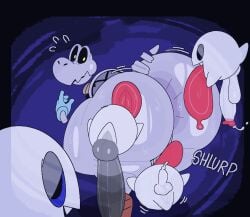 2024 anthro anus ass backsack badaboomey balls big_butt big_penis big_tongue black_sclera blue_clothing blue_eyes blue_gloves blue_handwear bodily_fluids boo_(mario) butt_lick circumcised clothing cum dry_bones english_text fangs floating genital_fluids genitals gloves group half-closed_eyes handwear hi_res humanoid_genitalia humanoid_penis interspecies leaking_cum licking looking_back male male/male mario_bros narrowed_eyes nintendo penis purple_background rear_view saliva saliva_on_tongue shell simple_background sound_effects sweat sweaty_butt tail teeth text thick_thighs tongue tongue_out white_body yellow_eyes