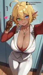 1girls :p ahoge ai_generated arm_up aura_bella_fiora blonde_hair blue_eyes blurry blush breasts brown_gloves cleavage closed_mouth collarbone dark-skinned_female dark_elf dark_skin elf gloves green_eyes hair_between_eyes hand_up heart heterochromia indoors jacket jewelry large_breasts long_sleeves looking_at_viewer mykibuu necklace overlord_(maruyama) pants pocket pointy_ears red_shirt selfie shirt short_hair smile solo standing tongue tongue_out v vest waistcoat white_pants white_vest wooden_floor