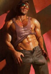 backwards_baseball_cap beard big_cock big_dick big_penis boner boner_in_pants boner_under_clothes bulge erection erection_under_clothes erection_under_clothing grand_theft_auto grand_theft_auto_vi jason_duval jason_duval_(gta_vi) male male_only muscular muscular_male nipples qai_san solo solo_focus solo_male sunglasses sweat