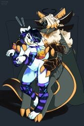 absurd_res anthro arm_grab arthropod ass black_hair bodily_fluids butt_grab canid canine duo exclamation_point female from_behind_position fur genital_fluids grabbing_from_behind hair hand_on_butt hi_res horn insects lepidopteran mammal moth multicolored_hair purple_hair rainbow_hair sex stercore_murum vaginal_fluids white_body white_fur xcite_(catjam)