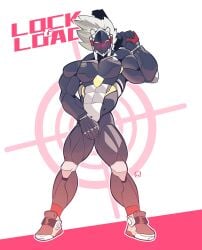 2025 abs billy_kid blush clothing covering covering_crotch covering_self digital_drawing_(artwork) digital_media_(artwork) footwear footwear_only gun hair hi_res humanoid machine male mihoyo mostly_nude muscular muscular_humanoid muscular_male nude_male omlette_bavuz pecs ranged_weapon robot robot_humanoid shoes shoes_only simple_background solo weapon white_hair zenless_zone_zero
