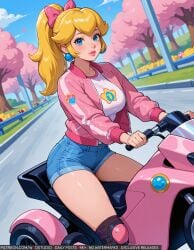 ai_generated bangs blonde_hair blue_eyes blue_shorts blue_sky blush bow breasts building car cherry_blossom clothing cloud day denim earrings female female_only footwear grass ground_vehicle hair_ornament hairbow headwear heart high_resolution jacket jewelry knee_pads large_breasts lips long_hair long_sleeves looking_at_viewer makeup mario_(series) motor_vehicle motorcycle outdoors parted_lips pink_bow pink_footwear pink_jacket pink_lips ponytail princess_peach road shirt shoes short_shorts shorts sitting sky smile solo sphere_earrings super_mario_bros. thighs tied_hair tree vehicle white_shirt wodstudio