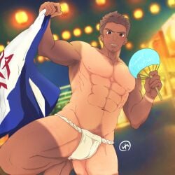 1:1 1boy 2020s 2024 4k abs absurd_res bara blurry_background brown_eyes brown_hair bulge dark_skin donguri_umasugi fundoshi gay hand_fan hi_res japanese_clothes large_filesize male male_only muscular nipples original pubic_hair solo summer_festival tan_skin tanline white_fundoshi