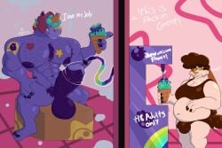 abs animal_humanoid anthro berry_(brawl_stars) big_penis body_hair box bulge chest_hair confusion container covered_breasts covered_eyes damelty dessert ejaculation equid equid_humanoid equine equine_humanoid food genitals hair hi_res horn huge_cock humanoid ice_cream lagomorph lagomorph_humanoid leporid leporid_humanoid machine male male/male mammal mammal_humanoid masturbation multicolored_hair muscular muscular_anthro muscular_male mythological_creature mythological_equine mythology nipples nude overweight overweight_male pecs penis pubes purple_body purple_nipples rabbit rabbit_humanoid sitting slightly_chubby smile suction_cup tattoo unicorn