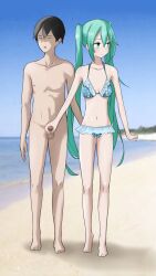 1boy absurdres aqua_hair bare_shoulders barefoot bikini blue_eyes blush breasts completely_nude donkichikin female frilled_bikini frills handjob hatsune_miku highres long_hair nude ocean small_breasts swimsuit twintails very_long_hair vocaloid