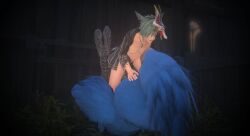 3d beastiality big_breasts breasts chocobo female final_fantasy_xiv gpose(ffxiv) gray_hair green_highlights miqo'te riding samantha_oconnor short_hair