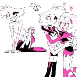 angel_dust_(hazbin_hotel) anthro arachnid brother_and_sister clothed clothing demon enaic31 female femboy hazbin_hotel heart hug male molly_(hazbin_hotel) panties siblings simple_background smile spider tagme teeth thighhighs underwear white_background