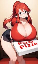 ai_generated cleavage gigantic_breasts glasses huge_breasts lorelei_(pokemon) pizza pokemon red_hair thick_thighs