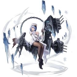azur_lane black_footwear black_gloves blue_eyes blue_hair blush boots breasts cg chains chapayev_(azur_lane) cleavage closed_mouth crossed_legs female full_body fur_trim gloves hair_ornament hairclip hat high_heels ice jacket large_breasts long_sleeves looking_at_viewer machinery military military_hat miniskirt mole mole_on_breast official_art pantyhose peaked_cap rigging short_hair sitting skirt smile solo transparent_background turret white_headwear white_jacket