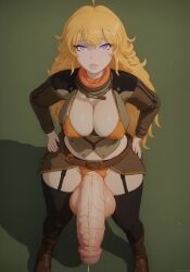 1futa ai_generated civitai cleavage cock cum futa_only futanari hands_on_hips hi_res huge_cock hung_futanari large_balls large_breasts large_penis leaking_cum looking_at_viewer myth1c2 nipple_bulge penis plump_lips purple_eyes rooster_teeth rwby thick_penis veiny_penis wide_hips yang_xiao_long yellow_hair