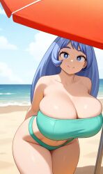 ai_generated beach bikini blue_eyes curvy_figure hadou_nejire huge_breasts long_hair my_hero_academia nejire_hado purple_hair smile thick_thighs