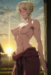 ai_generated areola areolae armpits arnheid bare_shoulders blonde_female blonde_hair blonde_hair_female blue_eyes blush breasts breasts_out detailed_background dress farm farmgirl female female_focus female_only half-dressed half_naked light-skinned_female looking_at_viewer naked naked_female nature nature_background nipples nordic nordinex5 norse_woman nude nude_female outdoors pale-skinned_female petite_body petite_female shy solo solo_female solo_focus stable_diffusion taking_clothes_off toned toned_female undressing viking_female vinland_saga