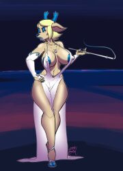 1girls animal_ears anthro areolae areolae_slip armwear belly_piercing big_breasts blonde_hair blue_areola blue_eyes blue_eyeshadow blue_lips blue_lipstick blue_nail_polish blue_nails breasts carol_holiday cleavage deer deer_ears deer_girl deltarune dress elbow_gloves eyeshadow female female_only footwear full_body gloves half-closed_eyes hand_on_hip heels high_heels hips holding_object horns legs lipstick mature mature_female mature_woman milf mother nail_polish nails necklace neckwear nipple_bulge pelvic_curtain pierced_belly_button piercing piercings platform_heels skimpy skimpy_dress smoke smoking_pipe solo solo_female thighs undertale_(series) wayesh white_dress white_gloves wide_hips